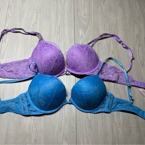 Lace Underwire Bra Set - Purple and Blue